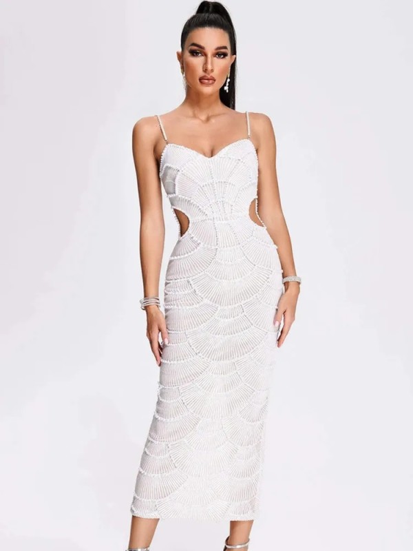 White Straps Low Cut Sequins Peals Beaded Cut Out Bodycon Evening Midi Dress