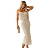 Apricot Straps Low Cut Sequins Peals Beaded Cut Out Bodycon Evening Midi Dress