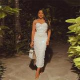White Straps Low Cut Sequins Peals Beaded Cut Out Bodycon Evening Midi Dress