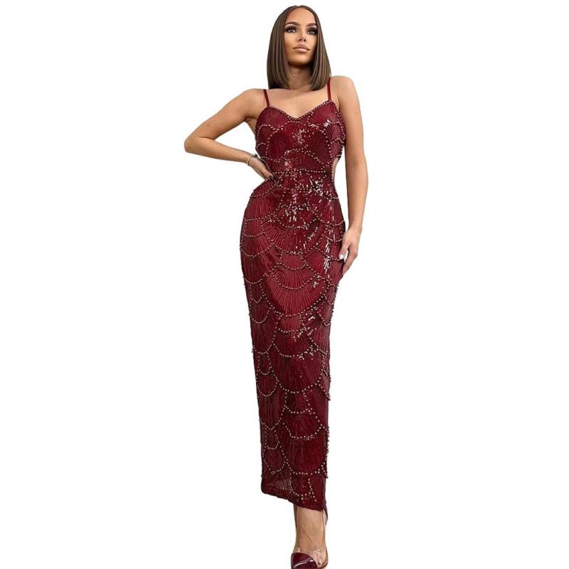 Claret Straps Low Cut Sequins Peals Beaded Cut Out Bodycon Evening Midi Dress
