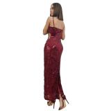 Claret Straps Low Cut Sequins Peals Beaded Cut Out Bodycon Evening Midi Dress