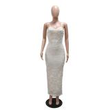 Apricot Straps Low Cut Sequins Peals Beaded Cut Out Bodycon Evening Midi Dress