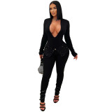 Black Deep V Neck Long Sleeve Diamonds Sexy Pencil Pants Jumpsuit