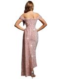 Pink Off Shoulder V Neck Sequined Bodycon Elegant Party Midi Dress