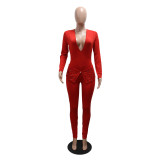 Red Deep V Neck Long Sleeve Diamonds Sexy Pencil Pants Jumpsuit