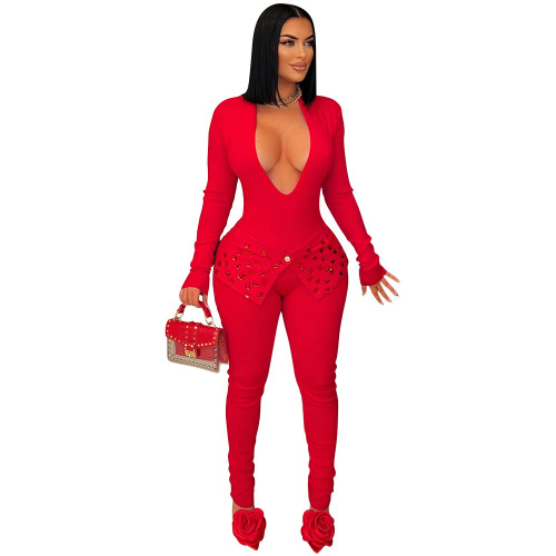 Red Deep V Neck Long Sleeve Diamonds Sexy Pencil Pants Jumpsuit