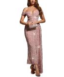 Pink Off Shoulder V Neck Sequined Bodycon Elegant Party Midi Dress
