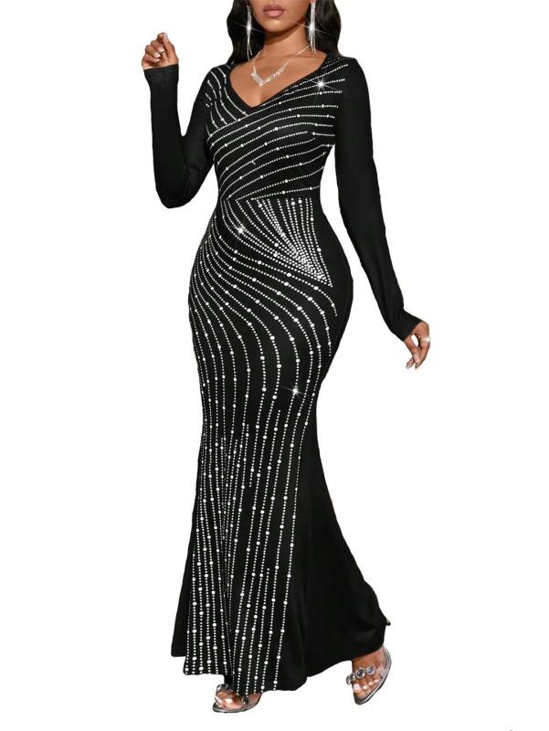 Black Long Sleeve V Neck Rhinestones Bodycon Elegant Women Long Dress
