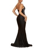 Black Straps Low Cut Diamonds Bodycon Evening Prom Maxi Dress