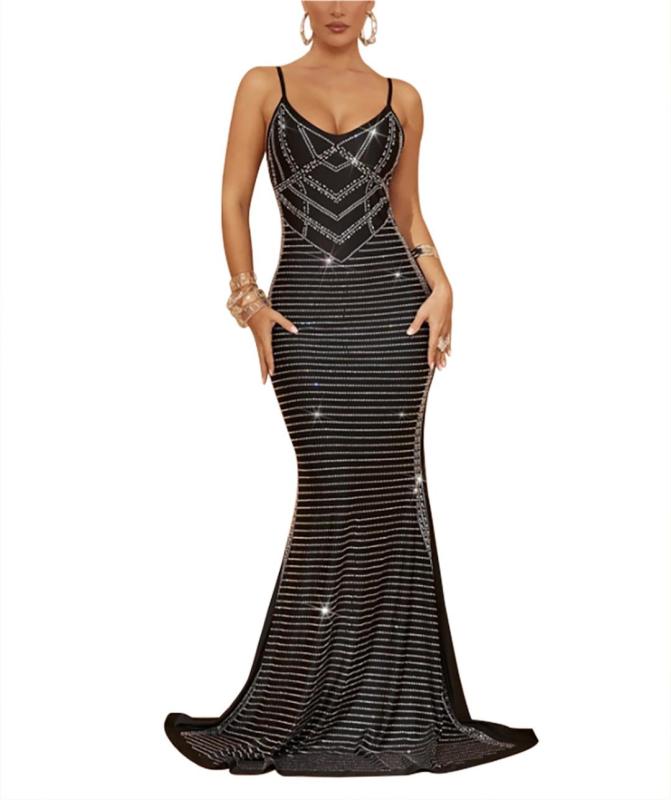 Black Straps Low Cut Diamonds Bodycon Evening Prom Maxi Dress