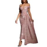 Pink Off Shoulder V Neck Sequined Bodycon Elegant Party Midi Dress