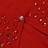 Red Deep V Neck Long Sleeve Diamonds Sexy Pencil Pants Jumpsuit