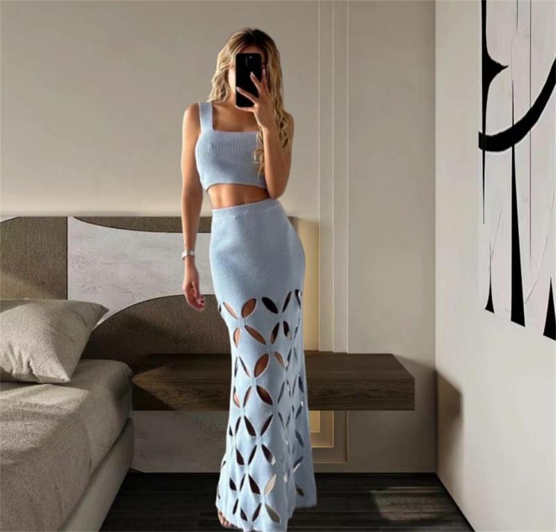Sky Blue Straps Women Crop Tops Knitted Hollow Out Casual Maxi Dress