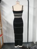 Black Straps Low Cut V Neck Knitted Hollow Out Sweaters Bohemian Fashion Maxi Dress