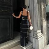 Black Straps Low Cut V Neck Knitted Hollow Out Sweaters Bohemian Fashion Maxi Dress