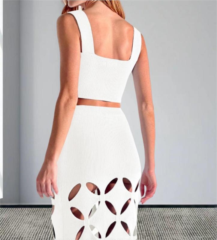 White Straps Women Crop Tops Knitted Hollow Out Casual Maxi Dress