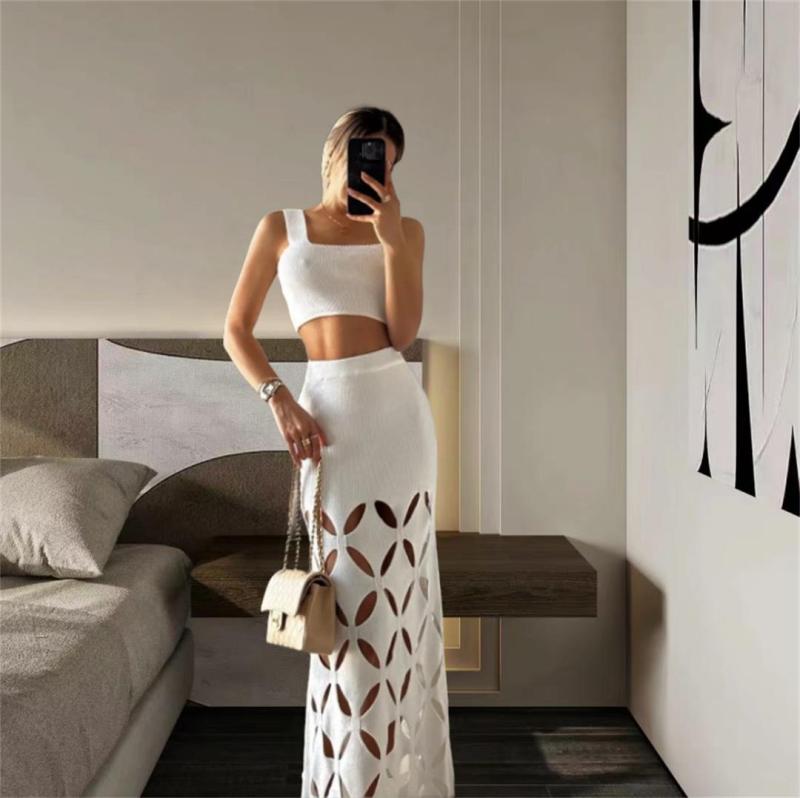 White Straps Women Crop Tops Knitted Hollow Out Casual Maxi Dress