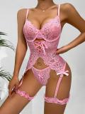 Pink Women's Lace Hollow Out Exotic See Through Sexy Evening Lingerie Sets