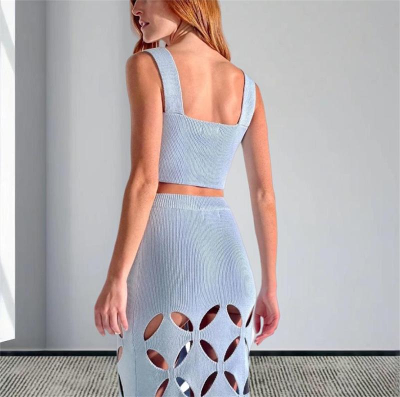 Sky Blue Straps Women Crop Tops Knitted Hollow Out Casual Maxi Dress
