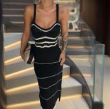 Black Straps Low Cut V Neck Knitted Hollow Out Sweaters Bohemian Fashion Maxi Dress