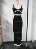 Black Straps Low Cut V Neck Knitted Hollow Out Sweaters Bohemian Fashion Maxi Dress