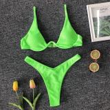 Fluorescent Green Women's Sexy Separate Steel Ring Bikini Swimsuit