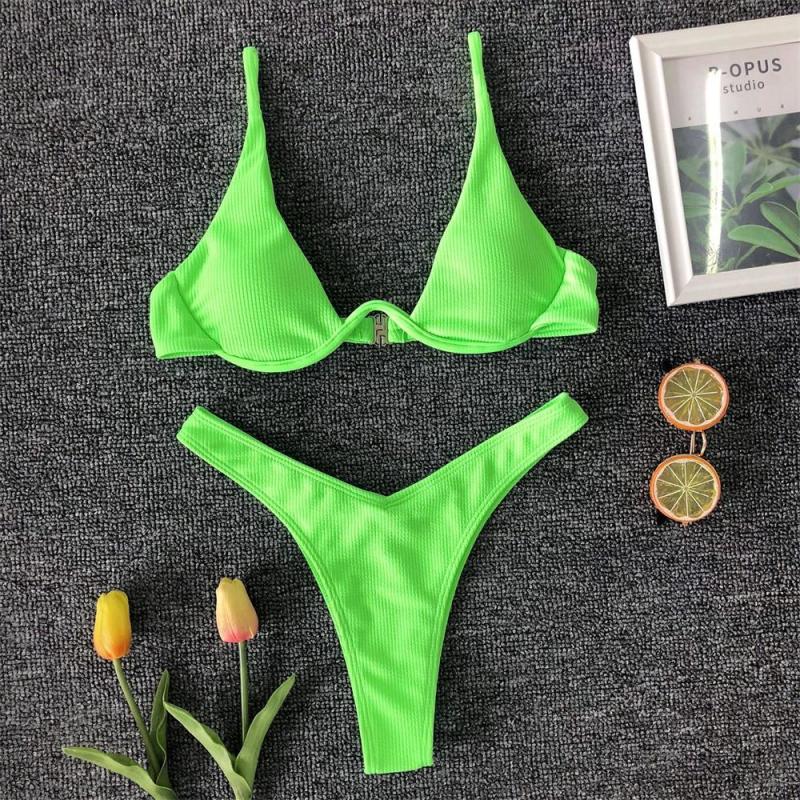 Fluorescent Green Women's Sexy Separate Steel Ring Bikini Swimsuit