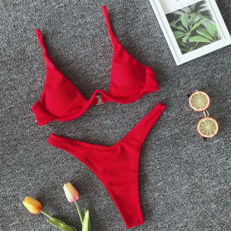 Red Women's Sexy Separate Steel Ring Bikini Swimsuit