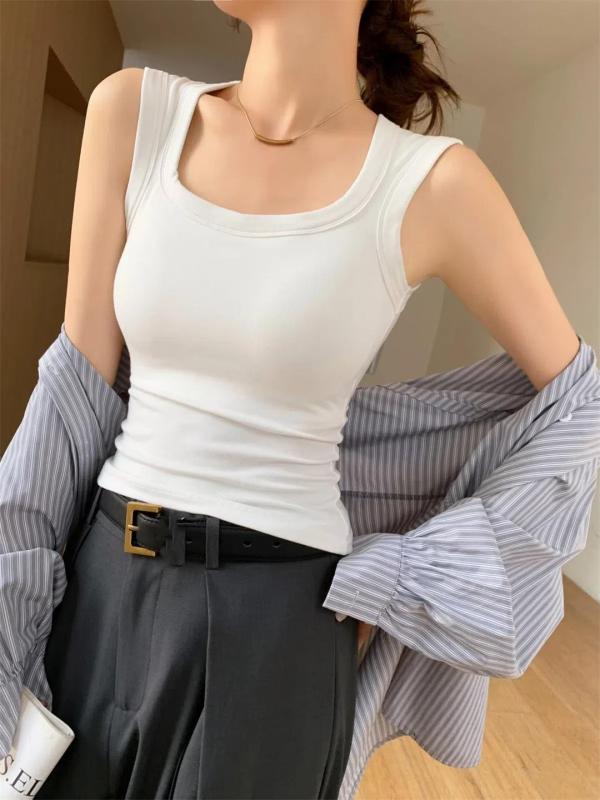 White Women's Camisole Padded One-piece Wide Shoulder Strap Vest