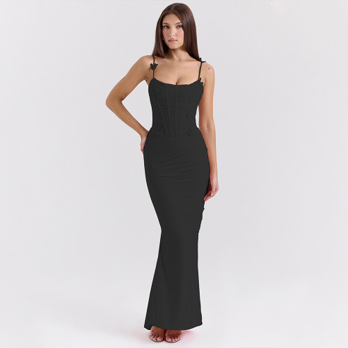 Black Straps Off Shoulder Butterfly Flower Mesh Pleated Evening Elegant Long Dress
