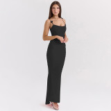 Black Straps Off Shoulder Butterfly Flower Mesh Pleated Evening Elegant Long Dress