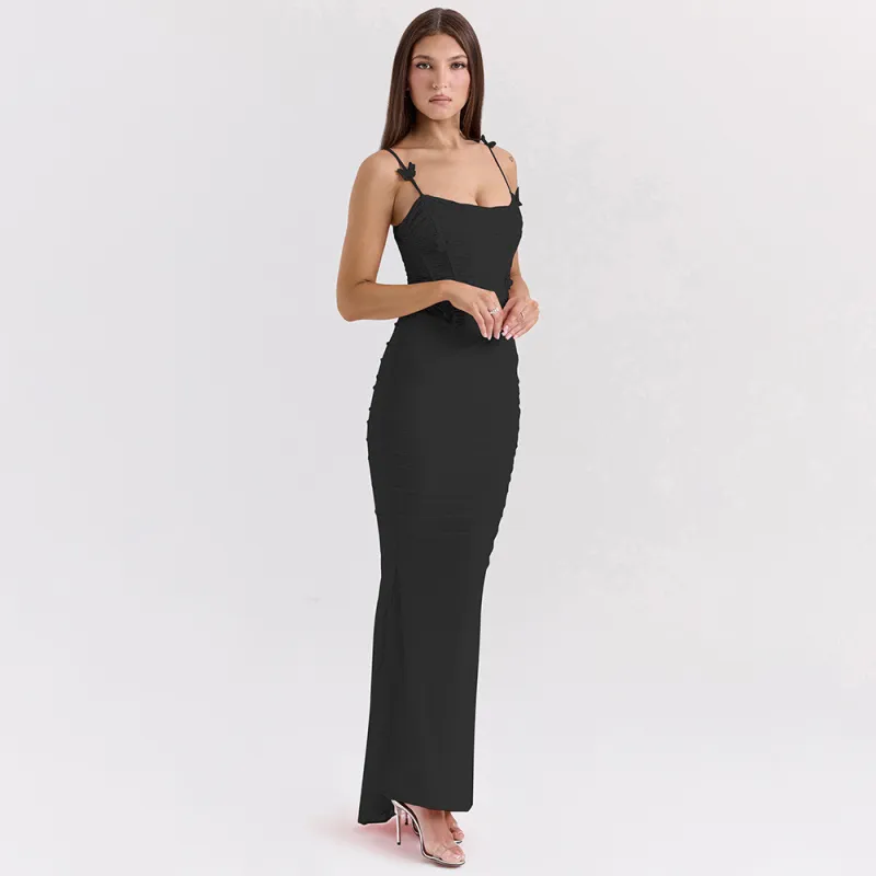Black Straps Off Shoulder Butterfly Flower Mesh Pleated Evening Elegant Long Dress