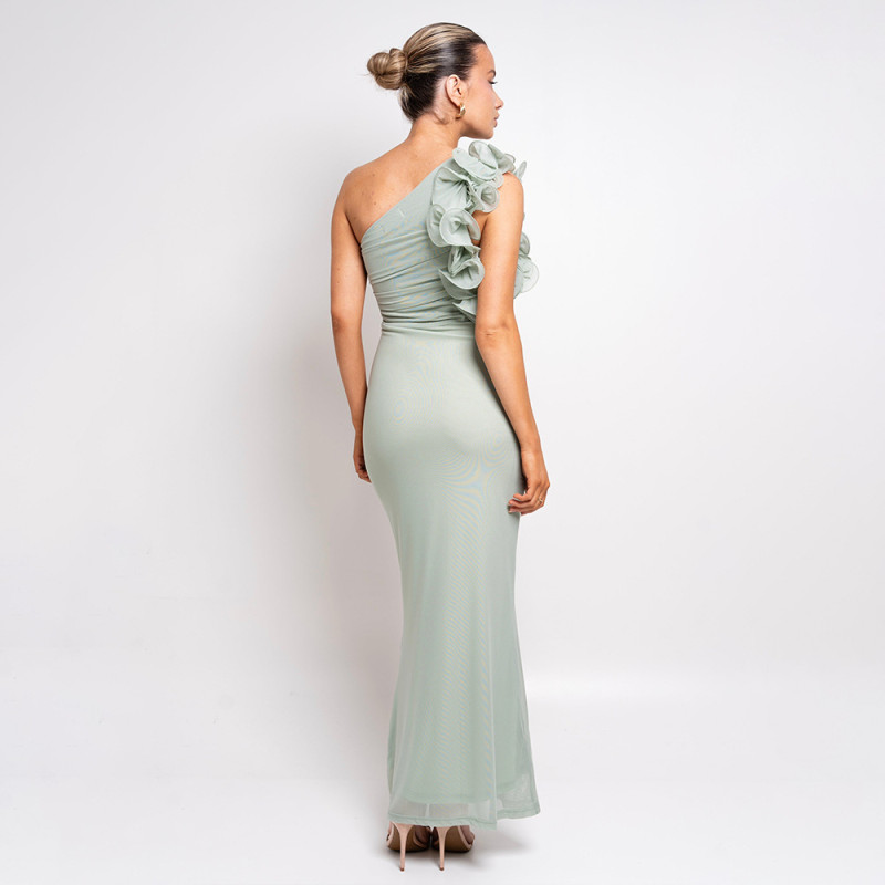 Green Mesh One Shoulder Flowers Pleated Cut Out Sexy Party Maxi Dress
