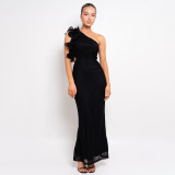 Black Mesh One Shoulder Flowers Pleated Cut Out Sexy Party Maxi Dress
