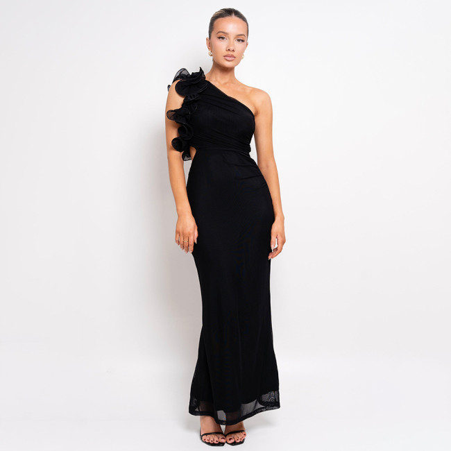 Black Mesh One Shoulder Flowers Pleated Cut Out Sexy Party Maxi Dress