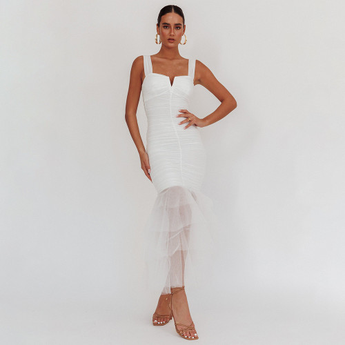 White Straps Boat Neck Mesh Pleated Sexy Prom Party Evening Maxi Dress