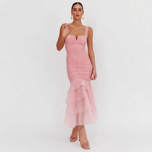 Pink Straps Boat Neck Mesh Pleated Sexy Prom Party Evening Maxi Dress