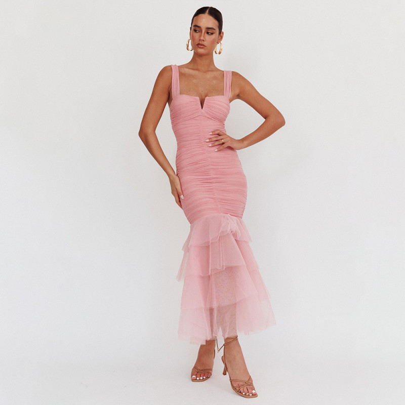 Pink Straps Boat Neck Mesh Pleated Sexy Prom Party Evening Maxi Dress