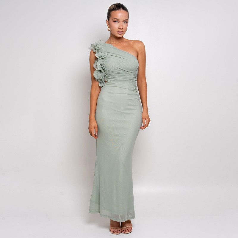 Green Mesh One Shoulder Flowers Pleated Cut Out Sexy Party Maxi Dress