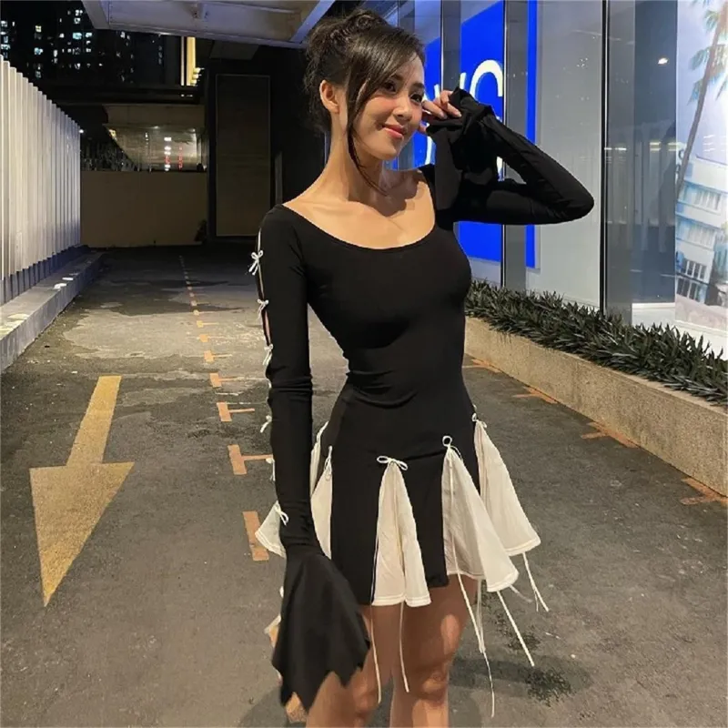 Black Long Sleeve Bow-tie Tie-up Mesh Tassels Pleated Sexy Skirt Dress