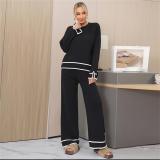 Black Women's Patchwork Slit Side Long Sleeve Knitted Two Pieces Wide Leg Pant Sets