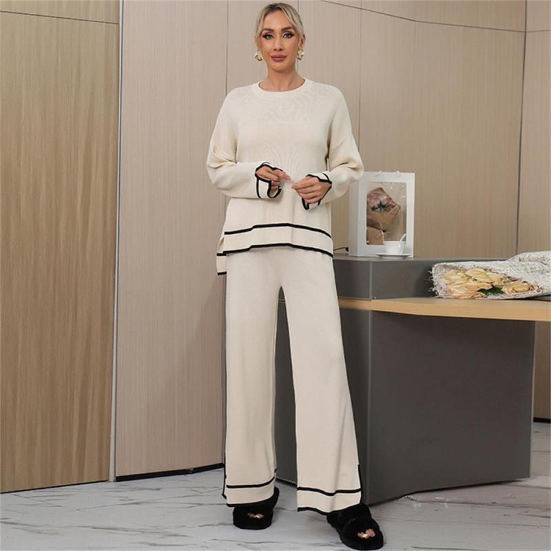 Apricot Women's Patchwork Slit Side Long Sleeve Knitted Two Pieces Wide Leg Pant Sets