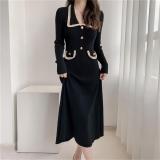 Black Long Sleeve Knitted Button Elegant Fashion Pleated A-Line Maxi Dress