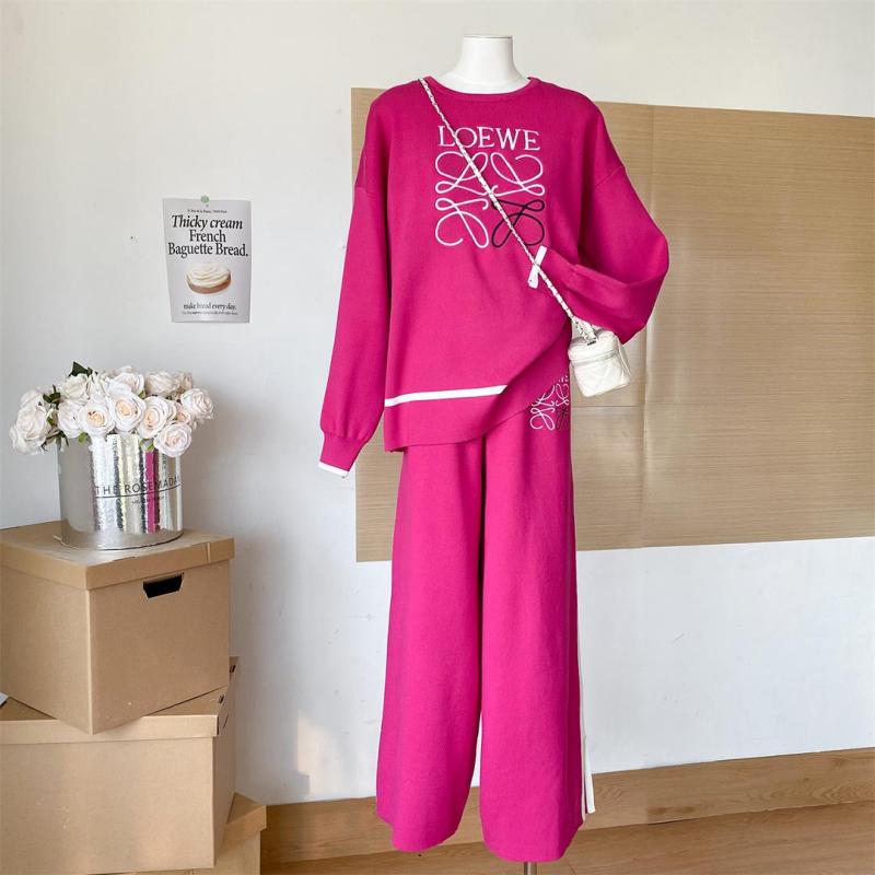 Rose Red Embroidered O-Neck Knitted Top Two Pieces Wide Leg Casual Fashion Pant Sets