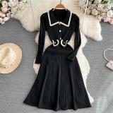 Black Long Sleeve Knitted Button Elegant Fashion Pleated A-Line Maxi Dress
