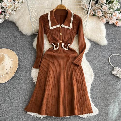 Brown Long Sleeve Knitted Button Elegant Fashion Pleated A-Line Maxi Dress
