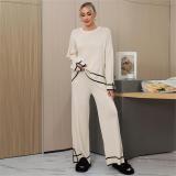 Apricot Women's Patchwork Slit Side Long Sleeve Knitted Two Pieces Wide Leg Pant Sets