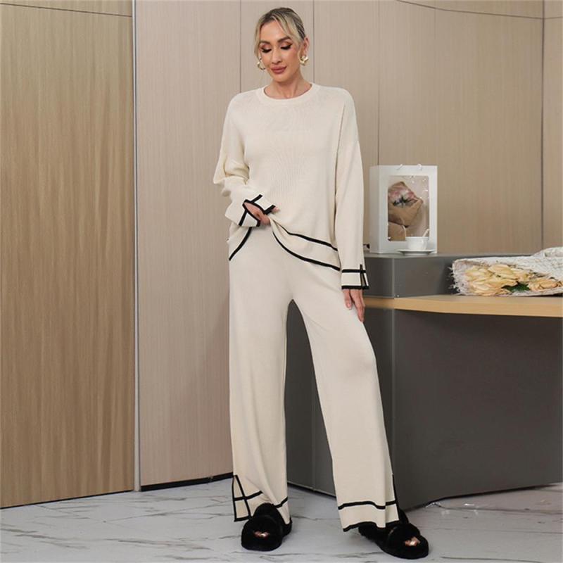 Apricot Women's Patchwork Slit Side Long Sleeve Knitted Two Pieces Wide Leg Pant Sets