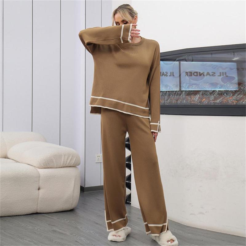 Camel Women's Patchwork Slit Side Long Sleeve Knitted Two Pieces Wide Leg Pant Sets