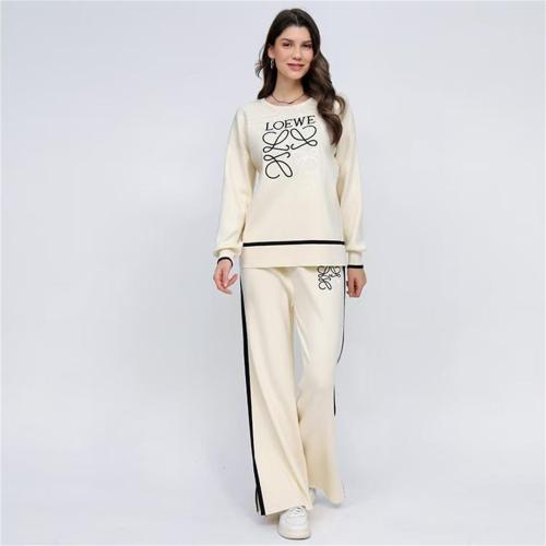 Apricot Embroidered O-Neck Knitted Top Two Pieces Wide Leg Casual Fashion Pant Sets